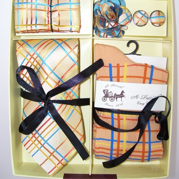 Peach Necktie Sock Flower Hanky Cuff Link Box Set